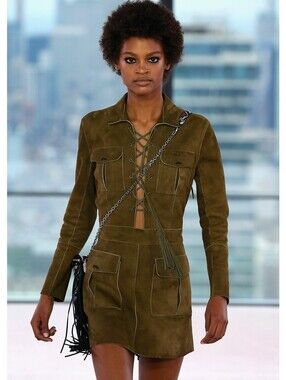 LONGCHAMP Lace-up Front Long Sleeve Suede Mini Dress Khaki FR 38 US 6 Org $1,470
